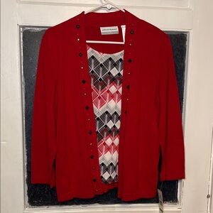 NWT Alfred Dunner Red Cardigan built in black white Geometric Design Size PL